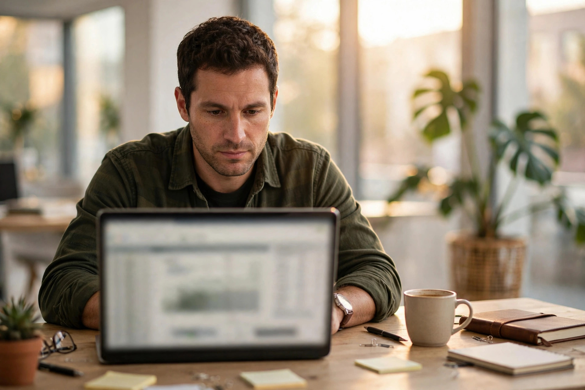 Small business owner reviewing a budget on a laptop in a bright office