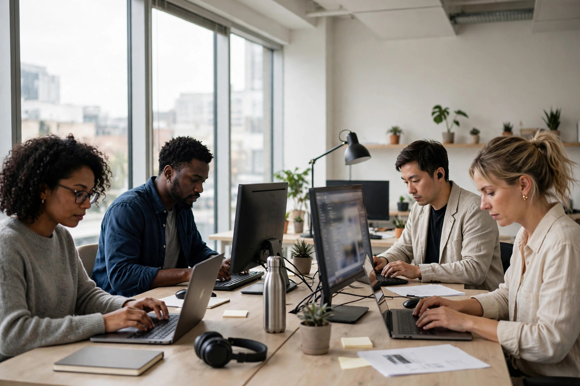 Small business team working at computers in a bright office