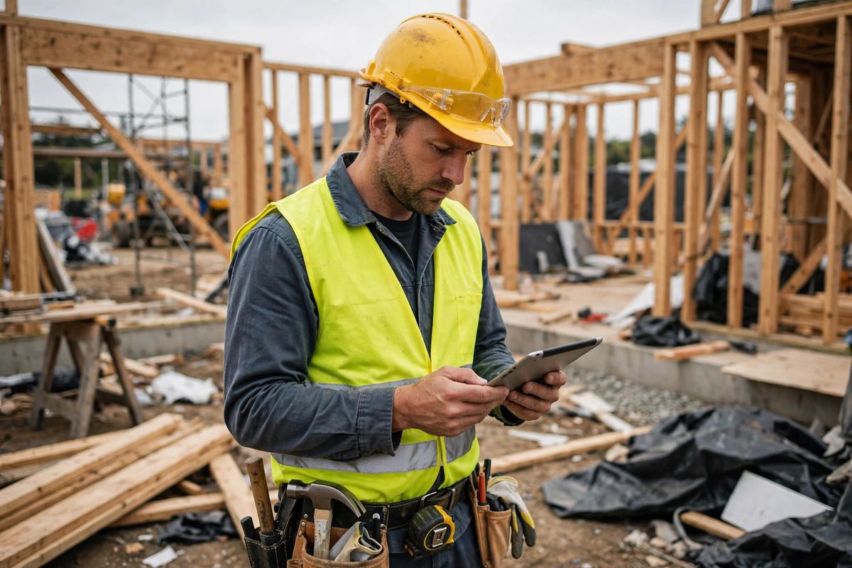 General contractor reviewing plans on a tablet at a jobsite