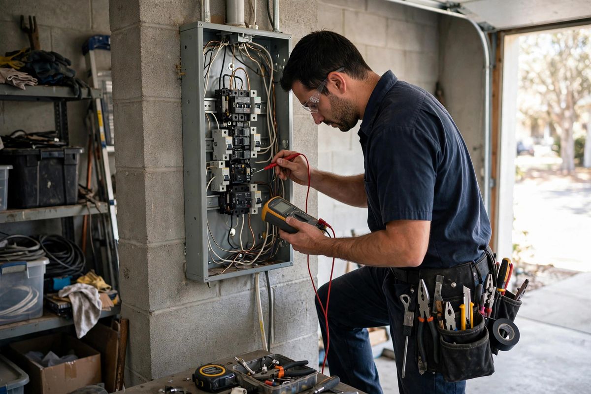 Electrician working on a residential breaker panel