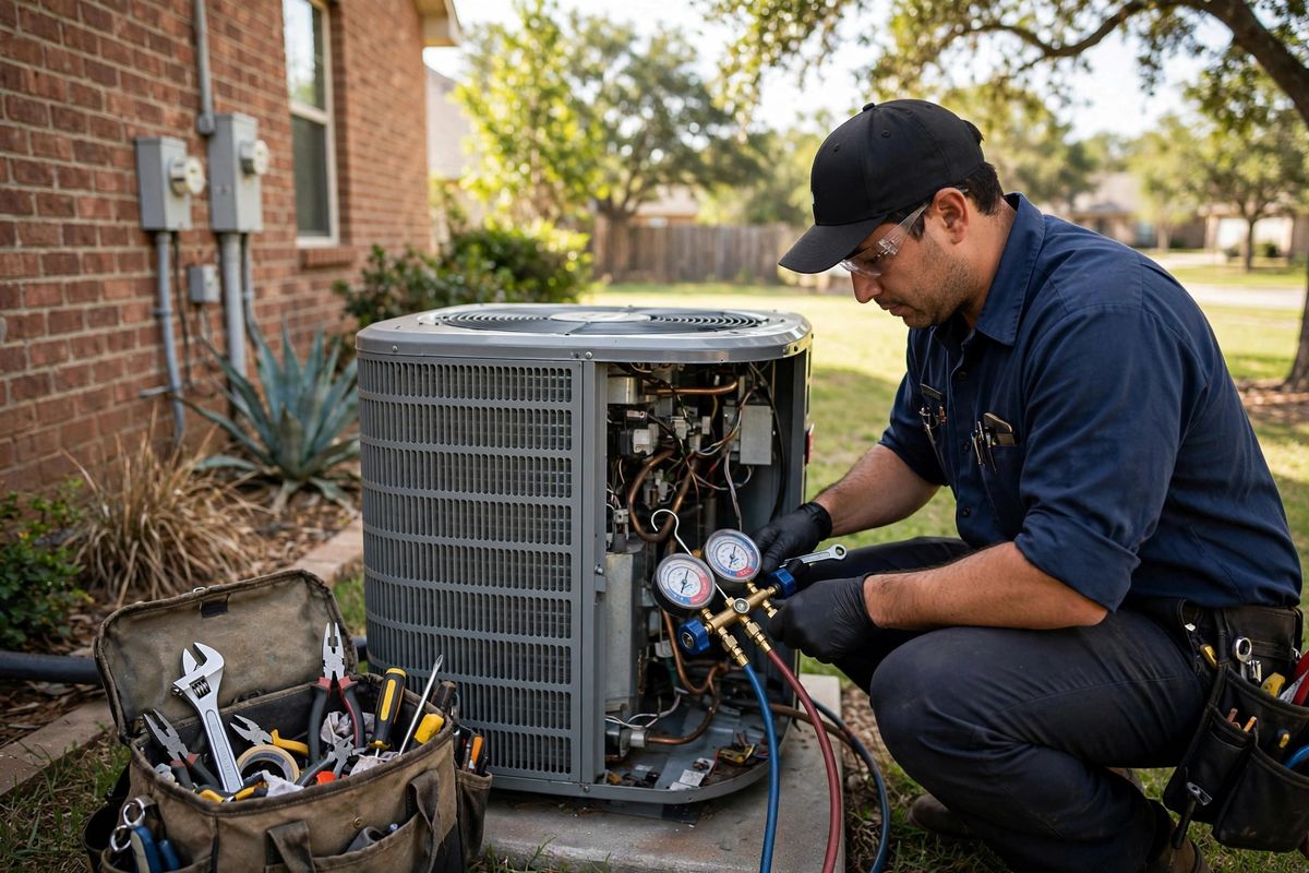 HVAC technician servicing an outdoor air conditioning unit